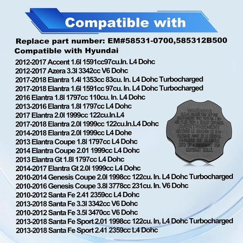 Beefed Up Brake Fluid Cap For Master Cylinder Reservoir Replacement 58531-0700 585312B500 Fits Hyundai Accent Elantra Compatibility