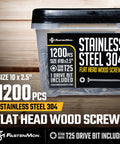 304 Stainless Steel Deck Screws 10x2.5 Inches, 1200 Count Bulk Box with T25 Star Drive Bit packaging on wooden surface