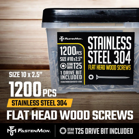 304 Stainless Steel Deck Screws 10x2.5 Inches, 1200 Count Bulk Box with T25 Star Drive Bit packaging on wooden surface
