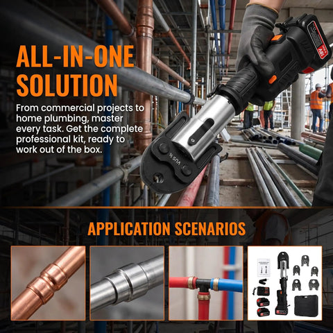 Powerful 18V Cordless Pipe Crimping Tool For Pex And Copper Lines in use on plumbing site, showing high carbon steel jaw and hydraulic action.