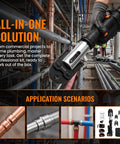 Heavy Duty 18V Electric Pipe Crimping Tool Kit With 60KN Force And High Carbon Steel Head being used on copper pipes in a plumbing setting.