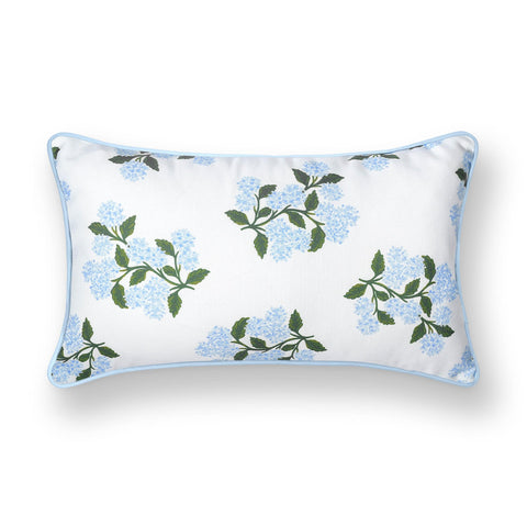 Coastal Patio Lumbar Pillow Cover 12x20 Water Repellent Outdoor Indoor Cushion Cover With Baby Blue Hydrangea Print On White