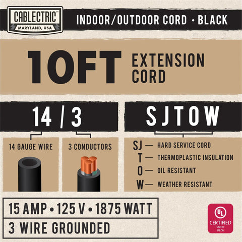 Cabletic 10 ft SJTOW extension cord specifications