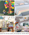 Collage of arts and crafts decor: colorful wall mural tree, pastel striped bedding, bookshelf, and balloons.