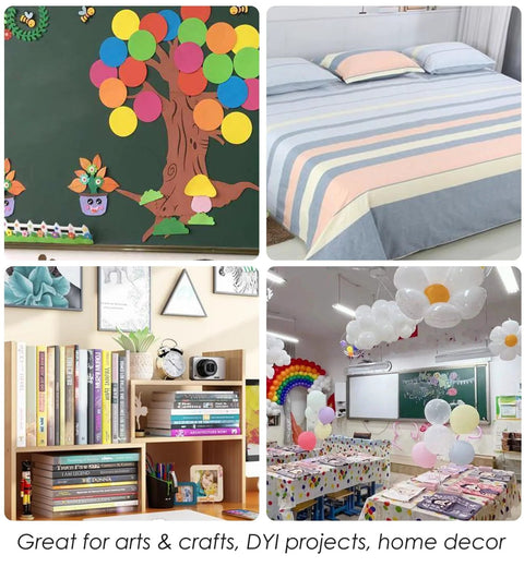 Collage of arts and crafts decor: colorful wall mural tree, pastel striped bedding, bookshelf, and balloons.
