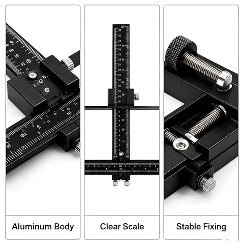 Tough Aluminum Cabinet Hardware Jig With 16 Inch Adjustable Slide Rail For Dead On Knobs Handles Layout Zero Guesswork Quick Diy Woodworking Drill Template Guide showing aluminum body, clear scale, and stable fixing.