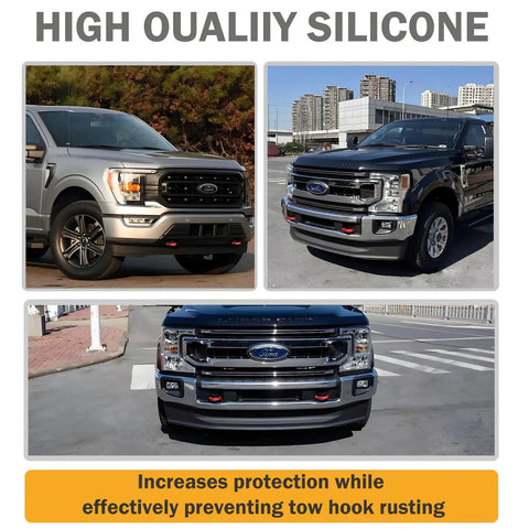 Ford Tow Hook Covers Red For F150 2004 2024 And Toyota Tundra 2017 2021 Accessories on silver Ford F-150 front view