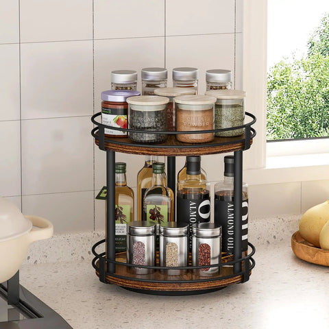 Rotating Spice Rack Two Tier Lazy Susan Organizer For Kitchen Countertop with spices and bottles organized on a brown wood turntable.