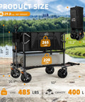 Extra Long Foldable 50 Inch Two Level Wagon With Big Wheels 400L Capacity Heavy Duty All Terrain Cart shown with specs