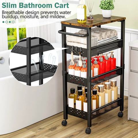 Ultra Durable Slim Utility Storage Cart On Wheels With Wood Top And Metal Frame Four Tier Narrow Rolling Organizer in bathroom