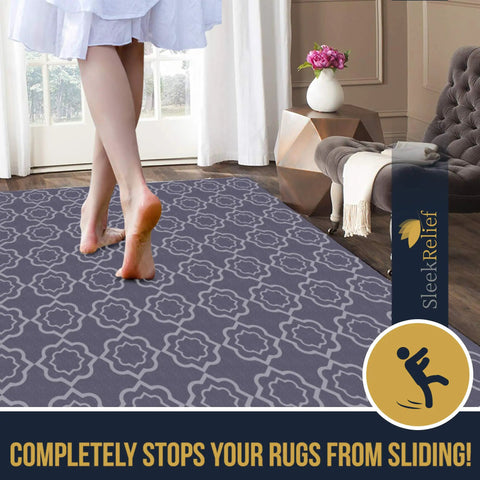 Woman walking on rug with Non Slip Rug Lock Grip For Hard Floors Keeps Area Rugs From Sliding With Cushioned Padding And Floor Protection Pads In Multiple Sizes For 4x7 Rugs Safe Discreet Easy Installation underneath