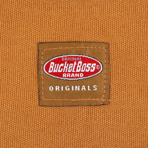 Close-up of label on heavy duty canvas tool bag for men with 16 pockets, padded adjustable shoulder straps, quick release belt.