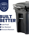 Heavy Duty 95 To 96 Gallon Black Garbage Liners 1.5 Mil Tear Resistant Trash Bags For Rollaway Carts 61 By 68 Inch Beast Mode Industrial Waste Sacks displayed on a trash can.