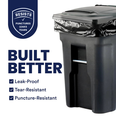 Heavy Duty 95 To 96 Gallon Black Garbage Liners 1.5 Mil Tear Resistant Trash Bags For Rollaway Carts 61 By 68 Inch Beast Mode Industrial Waste Sacks displayed on a trash can.