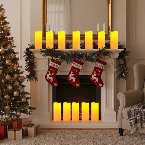 2 Pack 10 Inch Outdoor Flameless LED Candles With Remote Control And 2H 4H 6H 8H Timer on decorated fireplace mantel