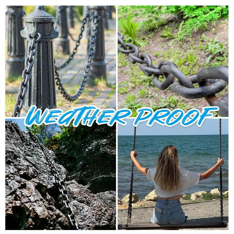 Heavy Duty Black Chain One Third Inch Thick Ten Feet Long Perfect For Hanging Porch Swing Fence And Security Locks Durable Carbon Steel Link Chain For Outdoor Use Decorative And Reliable Rigging shown in various outdoor settings