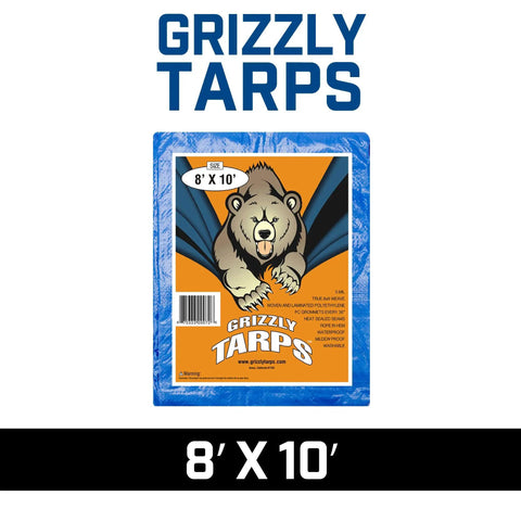 Heavy Duty 8x10 Poly Tarp Waterproof With Grommets Every 36 Inches 8x8 Weave 5 Mil Pack Of 4 Blue packaging with bear logo