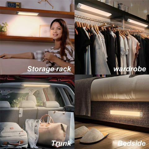 Two Pack Under Cabinet Lights With Motion Sensor, 54 LED, 2500mAh Rechargeable, shown in various settings including storage rack and wardrobe