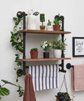 Industrial Pipe Shelves With Towel Bar For Bathroom, Rustic Floating Wall Shelves With Wood Planks, Black Metal Pipes