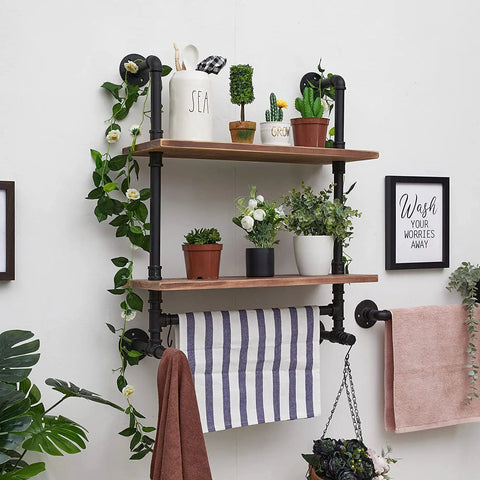 Industrial Pipe Shelves With Towel Bar For Bathroom, Rustic Floating Wall Shelves With Wood Planks, Black Metal Pipes