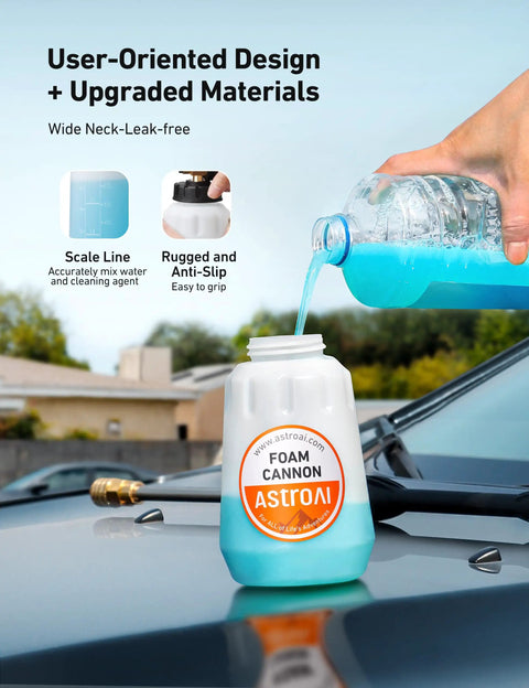 Pouring detergent into Heavy Duty Car Foam Cannon With Wide Neck Adjustable Snow Lance And Thick Foam For Pressure Washer One Liter Bottle