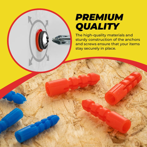 Drywall and Hollow-Wall Anchor Assortment Kit With Screws, Wall Anchors, Hooks, and Hollow-Door Toggle Anchors displayed on wood