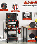 All In One Power Tool Organizer Cart With Charging Station And Wheels For Garage Ready Heavy Duty Tool Storage With Pegboard Hooks 24 Large Drill Racks And 8 Outlets For Easy Charging And On The Go Mobility