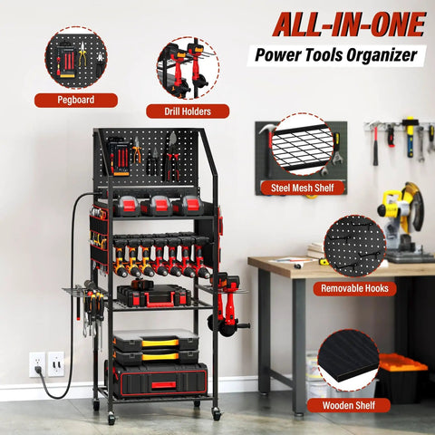 All In One Power Tool Organizer Cart With Charging Station And Wheels For Garage Ready Heavy Duty Tool Storage With Pegboard Hooks 24 Large Drill Racks And 8 Outlets For Easy Charging And On The Go Mobility