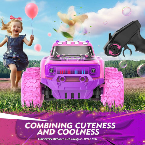 Pink Purple 1:20 Scale RC Monster Truck With LED Lights And DIY Windmills, All Terrain Off Road Fun Up To 20 Km/h, 2.4GHz Remote Car For Kids Gift, Rad Girl Style With Bold Purple Accents in a field