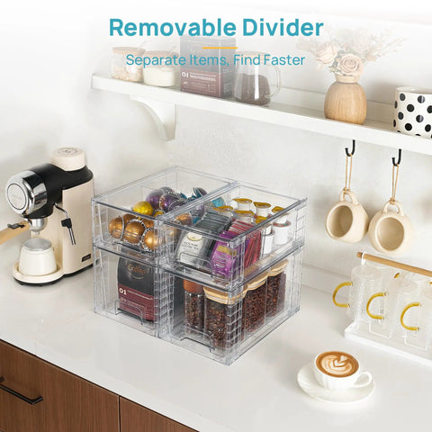 Clear Acrylic Stackable Storage Drawers 4 Pack Sleek Kitchen Cabinet Organizers Featuring Smooth Gliding Rails And No Sweat Setup For Slick Home Decluttering Results showing coffee pod organization.