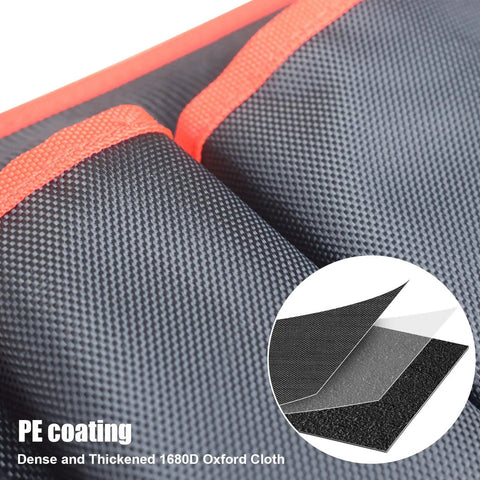 Close-up of 1680D fabric with PE coating used in Heavy Duty 19 Inch Tool Bag With 25 Pockets, 1680D Fabric, Sturdy Molded Base, And Adjustable Shoulder Strap, Multi Pocket Organizer For Pros And DIY Enthusiasts.