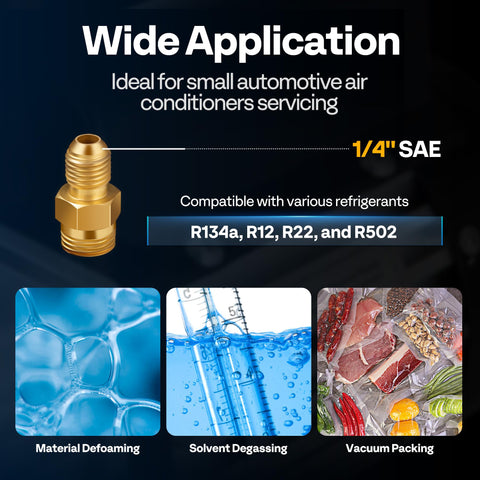 Single Stage HVAC Vacuum Pump 3.5 CFM One Quarter Horsepower 110V for R134a R12 R22 R502 showcases applications and adapter