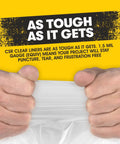 Heavy Duty Clear Trash Bags 33 Gallon 33 By 39 Inches 1.5 Mil CSR Series Industrial Liners being stretched by hands