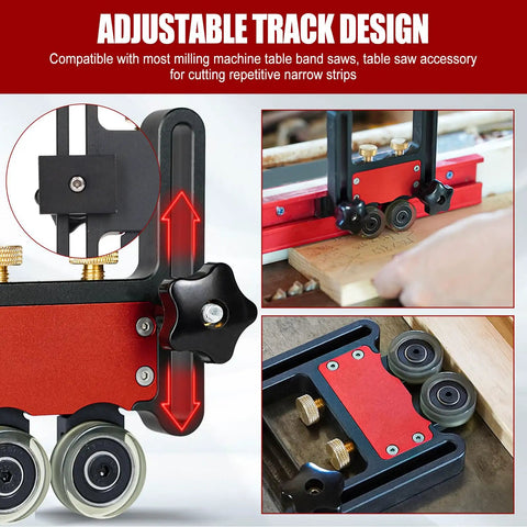 Adjustable track design on premium bearing roller featherboards for precise cutting with table saw. Durable construction.