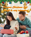 Woman opening gift box with sewing kit, Christmas tree in background, holiday decorations, smiling couple.