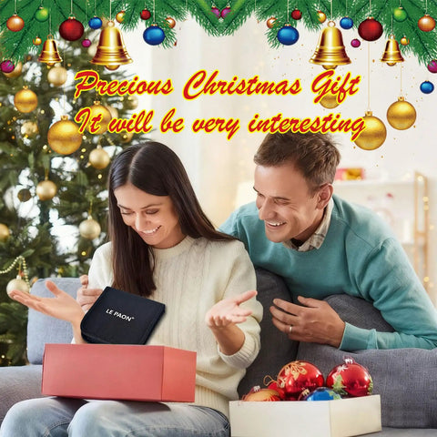Woman opening gift box with sewing kit, Christmas tree in background, holiday decorations, smiling couple.