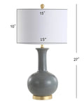 27 Inch Gray And Brass Ceramic Table Lamp For Living Room And Bedroom With White Linen Drum Shade Modern Transitional Nightstand Lamp LED Bulb Included Energy Efficient And ETL Listed