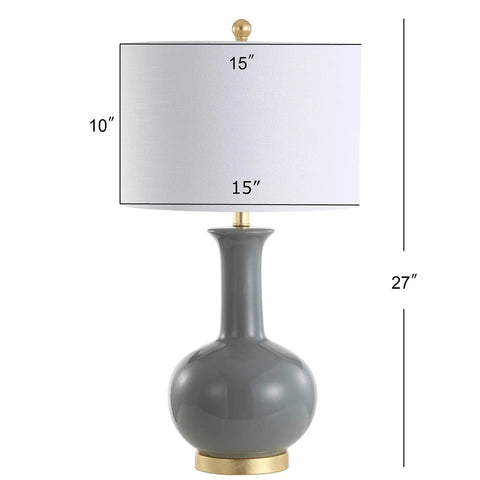 27 Inch Gray And Brass Ceramic Table Lamp For Living Room And Bedroom With White Linen Drum Shade Modern Transitional Nightstand Lamp LED Bulb Included Energy Efficient And ETL Listed