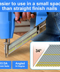 Man using pneumatic nailer with Angled Finish Nail Set 15 Gauge 34 Degree DA Series Galvanized Variety Pack for carpentry.