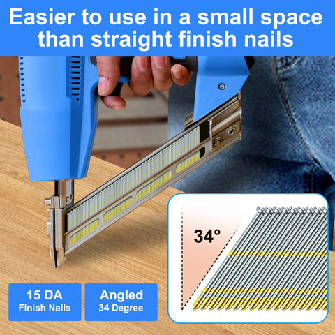 Man using pneumatic nailer with Angled Finish Nail Set 15 Gauge 34 Degree DA Series Galvanized Variety Pack for carpentry.