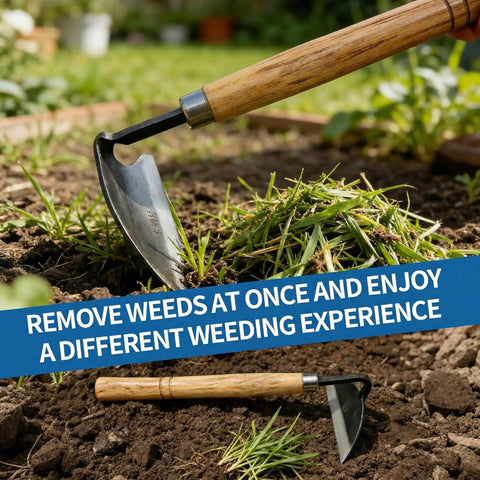 Pro Grade Weeding Sickle Garden Tool with sharp high carbon steel blade and durable wooden handle in use on soil