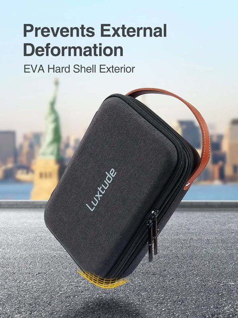 Premium Electronics Organizer Travel Case Featuring Rugged Hard Shell Exterior And Ergonomic Handle Dependable Tech Bag with leather handle.