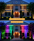 Low Voltage RGBW Landscape Lights 10W Warm White LEDs Remote Control With 3 Brightness Levels IP67 Outdoor Waterproof Pathway Deck Ground Lighting 12V-24V 10-Pack With Connectors For Yard Garden Walkways illuminating house facade at night with warm white and colorful lights.