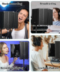 Microphone Stand With Isolation Shield For Recording Studio Foldable Tripod Mic Shield With Pop Filter in four usage scenarios.