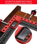 Four Pack 90 Degree Right Angle Clamps With Storage Box Aluminum Alloy Precision Positioning Squares 5.5 by 5.5 Inches CNC Machined for Picture Frames Boxes Cabinets Drawers Woodworking Projects showing clamps attached to wood.
