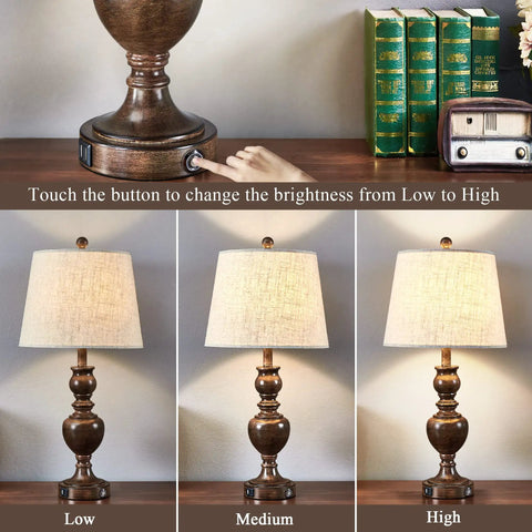 Set Of 2 Farmhouse Table Lamps With 3 Way Dimmable Touch Control, USB Charging Port, Nightstand And Desk Lamps, Resin Base With Linen Shade, LED Bulbs Included, Ideal For Bedroom And Living Room