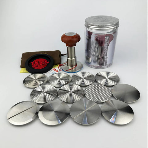 Premium 58 Millimeter Wooden Coffee Tamper Kit Featuring A Dope Jellyfish Handle with multiple steel base pads.