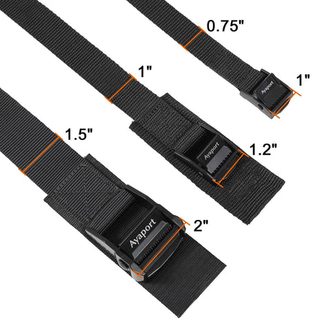 Adjustable Cam Buckle Tie Down Straps 1.5 Inch By 8 Feet Heavy Duty Nylon Lashing Straps showing widths 0.75, 1, 1.2, and 1.5 inches.