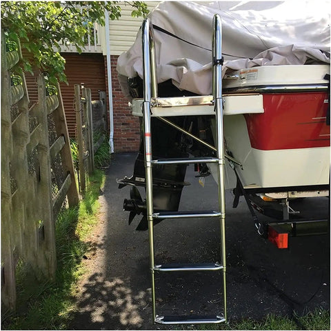 Stainless Steel Boat Ladder For Yacht Dock 4 Step Removable Folding Telescoping Rear Entry Inboard Dock Ladder attached to a boat