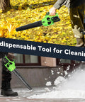 Person using Cordless Leaf Blower With 2 Batteries And Charger, 680 CFM 260 MPH Electric Blower to clear leaves and snow